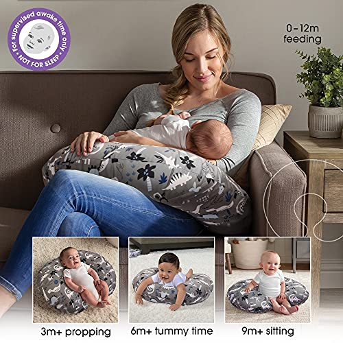 Boppy-Nursing-Pillow-and-PositionerOriginal-Gray-Dinosaurs-with-White-Black-and-Blue-Breastfeeding-Bottle-Feeding-Baby-Support-With-Removable-Cotton-Blend-Cover-Awake-Time-Support