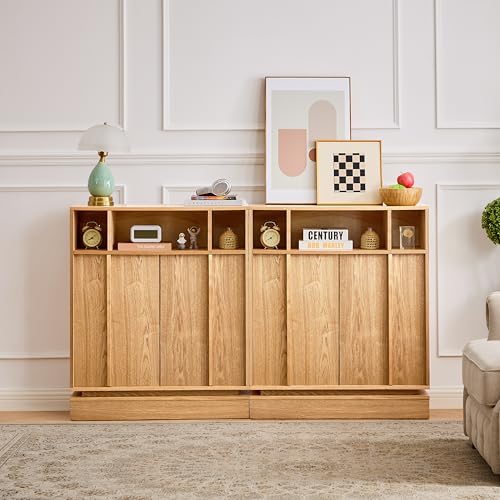 Image of 31.7'' Mid Century Modern Accent Sideboard Storage Cabinet, Natural Wood | 11.9''D Slim Credenza, 2 Doors, 3 Open Cubbies, Adjustable Shelf, for Narrow Entryway, Hallway, Living Room & Dining