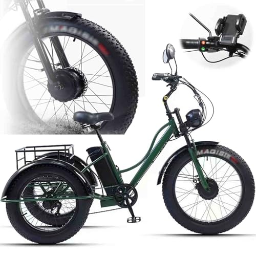 Triciclo Para Adultos Fat Tire De 24 Pulgadas (7 Velocidades): Marco De Paso Bajo/Cesta Grande/Asiento MáS Ancho Ajustable, Bicicletas De Crucero Para Adultos + Pantalla Lcd + Faro,Green