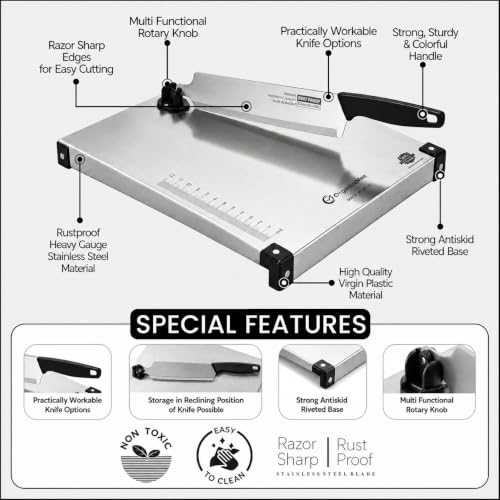 Image of Black Cut & Chop Stainless Steel Chopping Board with Knife | Rust Proof Chopping Board | Food Grade Steel Cutting Board | Heavy Duty Kitchen Cut and Chop Board with Rotary Knife Lock