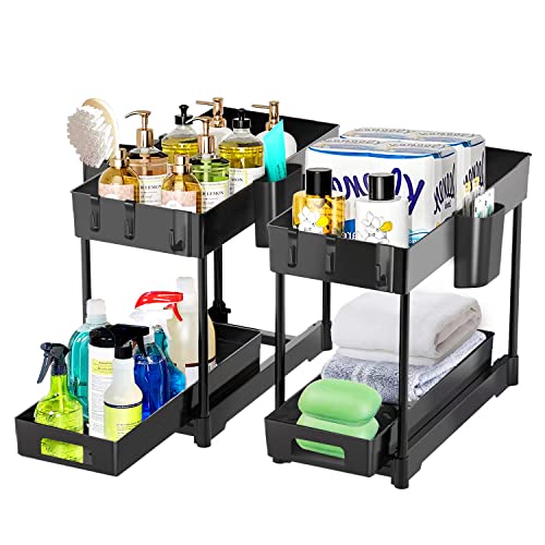 2 Pack Organizadores Bajo Fregadero con Cajón Deslizante, Organizador de 2 Niveles con 8 Ganchos y 2 Vasos Colgantes, Multiusos para Cocina y Baño, Negro miniatura 1