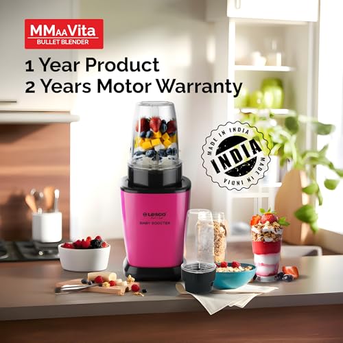 Image of Lesco 500W Mixer Grinder Blender Smoothie Maker with 2 Stainless Steel Jars and Copper Motor, 2 Years Warranty 21000 RPM Fine Grind in 20 secs, Baby Booster, Pink