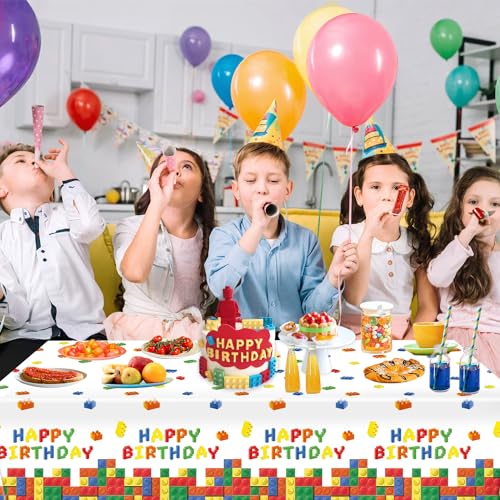 Image of LINHAXM 3 Pack Building Block Party Tablecloth Building Block Disposable Plastic Table Cover for Blocks Birthday Party Supplies, 54 x 108 Inch