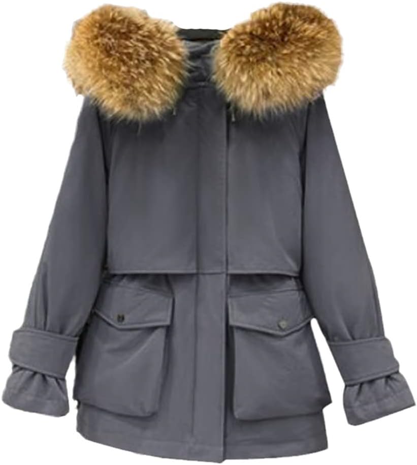Winter Fur Hooded Down Coat, Women 90% White Duck Down Jacket, Thick Warm Parkas Outerwear
