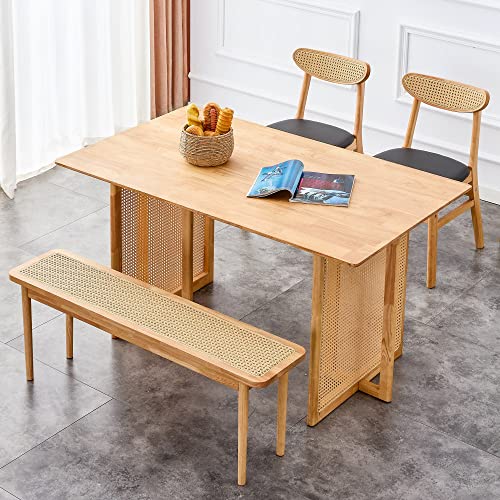 Hison Solid Wood Kitchen Table Set For 4 Wood Dining Table Large Wooden Rectangular Dinner Table & Chair Sets For Living Room 55In Rattan And Mdf Dining Room Set,2 Chairs With Pu Leather,Wood Bench #TOP3