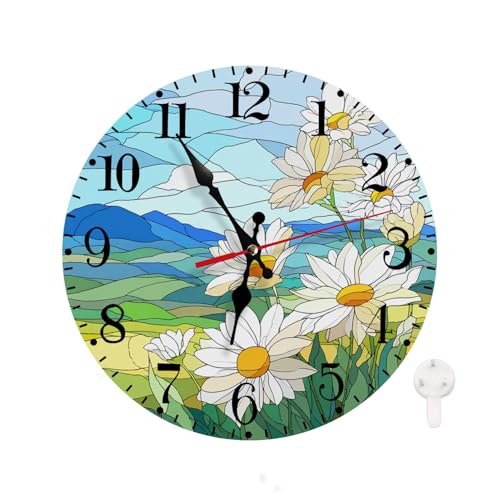 Rurpali Wall Clock, Colorful Stained Glass White Daisy Silent Non Ticking Clock, Modern Round