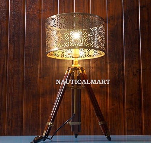 NauticalMart Vintage Brass Finish Teak Wood Tripod Table LAMP
