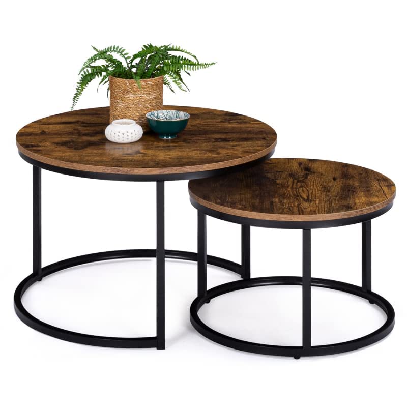 IDMarket - Lot de 2 Tables Basses gigognes Dayton Rondes 54/70 Effet Vieilli Design Industriel