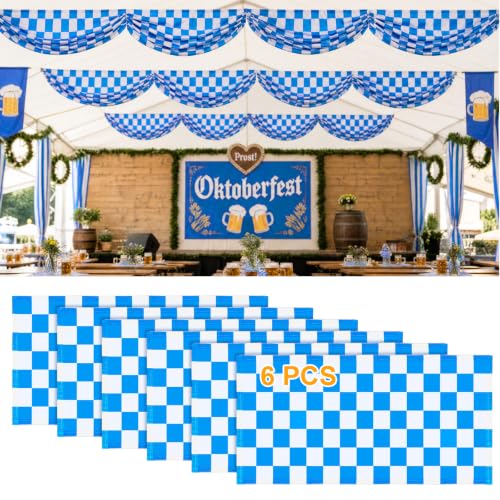 Amylove 1 Pcs Oktoberfest Decoration Fabric Bunting 8.86 x 2.53 ft Bavarian | White Blue Checkered Bunting, Hanging Polyester German Party Supplies Flag, Outdoor Porch Yard Party Festival Celebration