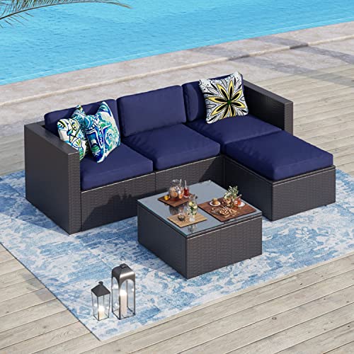 Phi Villa Outdoor Patio Sectional Furniture Set 5 Piece Low-Back Rattan Sofa Set Wicker Patio Conversation Set With 4 Seat Cushions And 1 Tempered Glass Table (Navy Blue) #TOP6