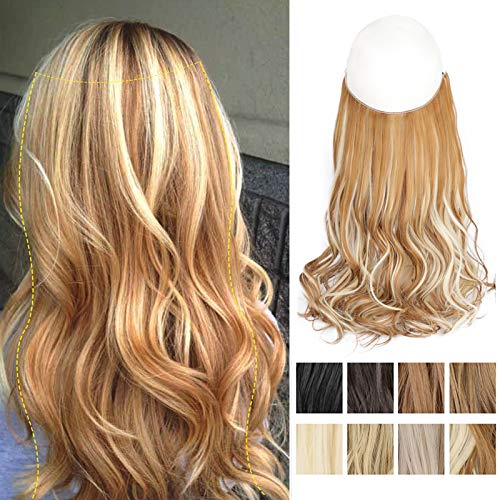 Stamped Glorious Short Hair Extensions Halo Wire Secret Crown Synthetic Wavy Curly Brown Blonde Bayalage Hairpieces For Women Invisible (16 inch, 27-613#)