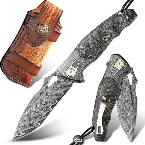 Handmade Damascus Steel Pocket Knife，3.7 inches High Sharp Blades folding