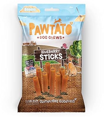 Pawtato Vegan Dog Chews Blueberry Sticks. Natural rawhide alternative dog treat. Low fat, plant based, hypoallergenic, sweet potato and rice chews, 120g