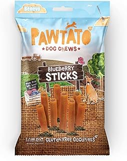 Pawtato Vegan Dog Chews Blueberry Sticks. Natural rawhide alternative dog treat. Low fat, plant based, hypoallergenic, sweet potato and rice chews, 120g