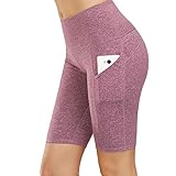 HMIYA Kurze Sporthose Damen Yoga Shorts Sport Leggins Sporthose Kurze Yogahose Fitness Workout Tights Hohe Taille mit Taschen(1/2 Shorts-Grau Lila,L)