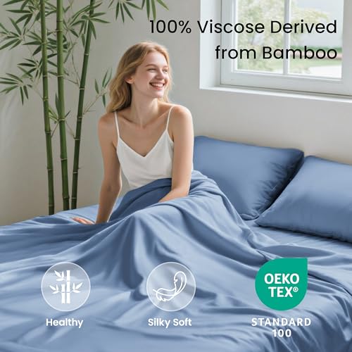 Image of Love's cabin 4 Piece Full Size Sheet Set, 100% Rayon Derived from Bamboo, Cooling & Breathable, Soft Silky Deep Pocket up to 16 inch, Hotel Luxury Bedding for Hot Sleepers, Mineral Blue
