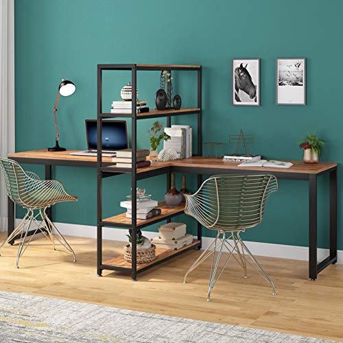 Tribesigns Two Person Computer Desk with Bookshelf, 90 Inches Double Face-Face Workstation Desk with Storage Shelf for Two Person, Extra Large Writing Office Desk for Home Office