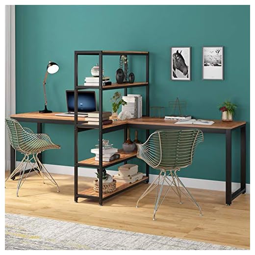 Tribesigns Two Person Computer Desk with Bookshelf, 90 Inches Double Face-Face Workstation Desk with Storage Shelf for Two Person, Extra Large Writing Office Desk for Home Office