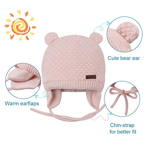 Baby Toddler Winter Beanie Warm Boys Girls Earflap Hat Infant Knit Caps Cute Bear Soft Cotton Lining For 0-36M (Pink, S(0-6M)) #TOP1