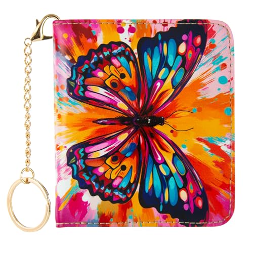 AIRMORS Cute Small Wallet for Women, Digital Print Slim Bifold Card Holder, Mini Pocket Purse with Keychain, ID Window & Coin Zip Man Credit Card Organizer (Butterfly)