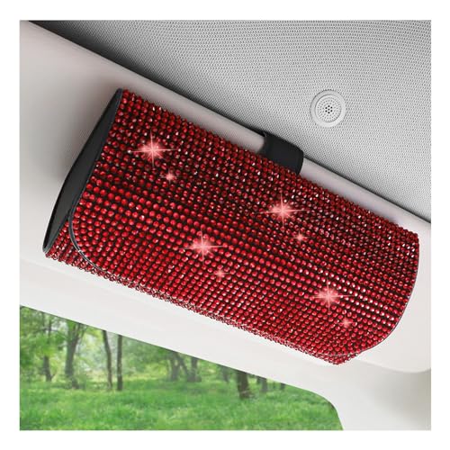 Augeny Bling Sunglasses Holder for Car Sun Visor, Sparkling Auto Visor Eyeglasses Protective Box with Magnetic Closure, Vehicle Glasses Storage Organizer Case for Trucks, SUVs, RVs (Red)