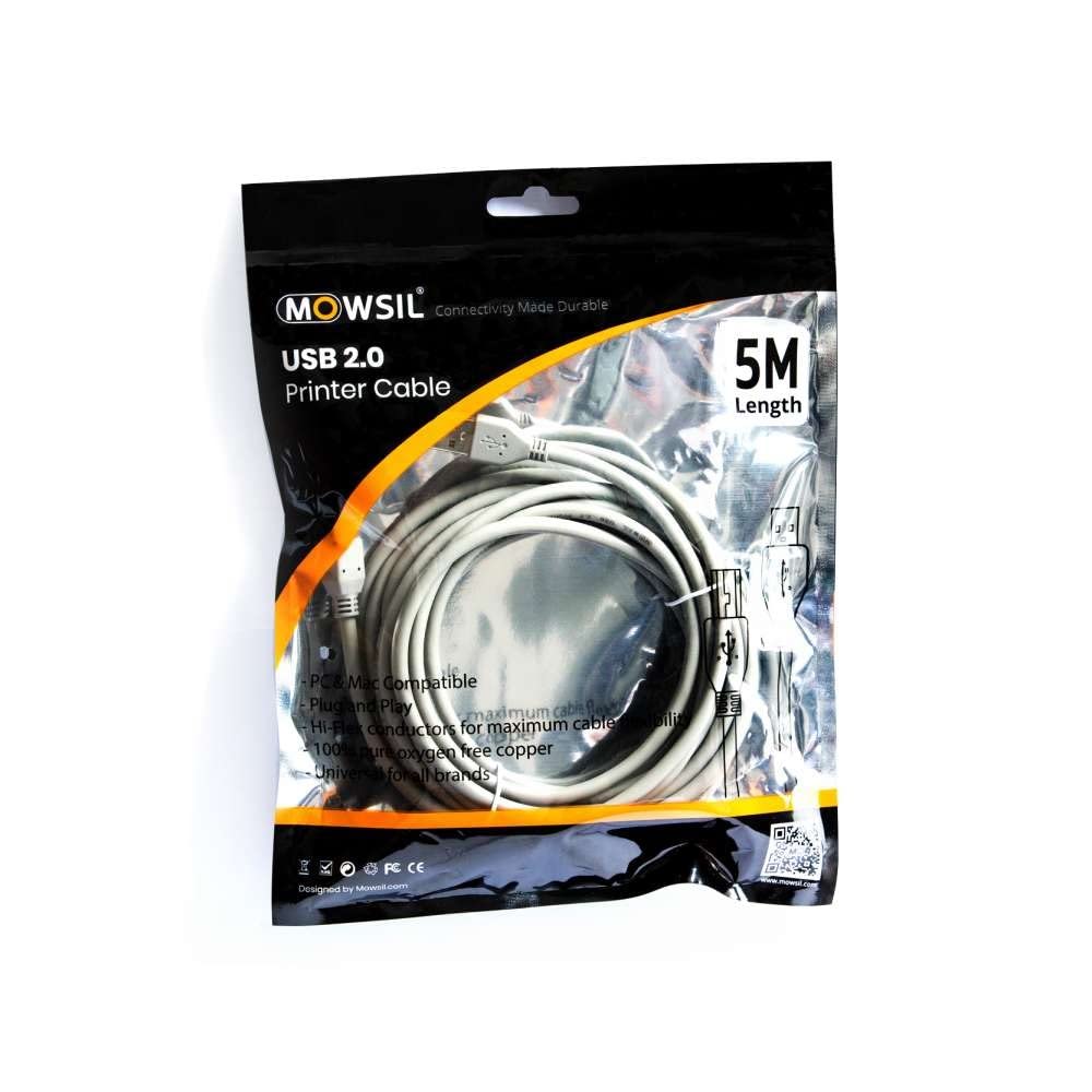 Mowsil Printer Cable 5 Mtr, USB 2.0 A to USB B Male Cable Compatible with USB Type B Printers and Scanners Epson, HP DeskJet/Envy, Canon, Lexmark, Samsung, Dell, Brother, DAC,