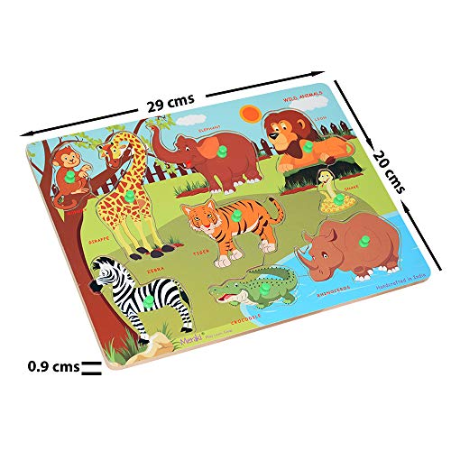 Image of Meraki Wild Wooden Animals Puzzles for Kids | 9 Puzzle Pieces with Knob for Easy Grip, Matching & Sorting Puzzle for Toddlers, Creative, Learning & Educational Board | Puzzle for 2+ Year Old Kids