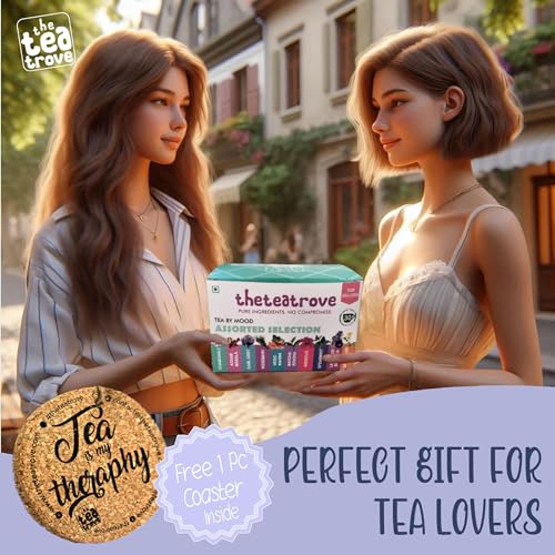 Image of The Tea Trove Assorted Tea Sampler Pack - Flavoured Gift Set (30 Count) With Coaster Hampers | Gift Box Including Green, Organic Herbal & Black Tea Bags