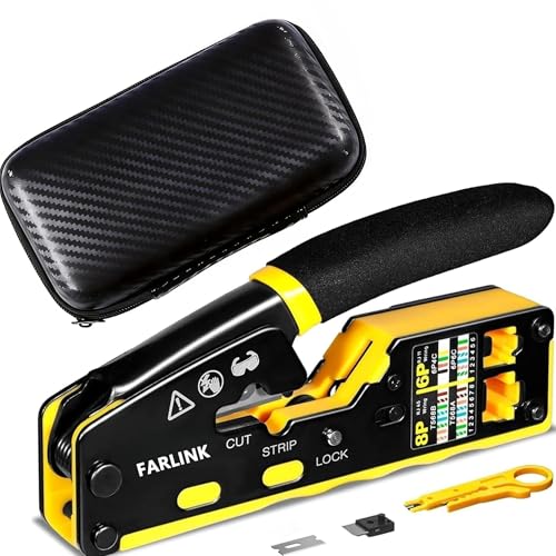 FARLINK Ethernet RJ45 Crimper, Pass Through Crimp Tool for Cat5 Cat6 Cables with Mini Cable Stripper, Ergonomic Handle for Network Installation and Repair