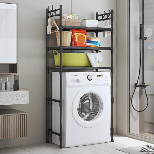 washing machine storage rack,Over The Washer Storage Shelf – Laundry Room, Washer Dryer Stand with Hooks, Stacking Kit for Drum Washing Machines, Space-Saving Rack for Apartments & Bedrooms