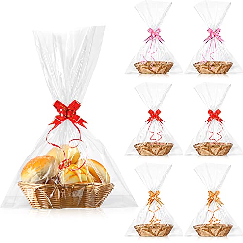 Oval Food Storage Basket Woven Empty Fruit Basket 9 x 6 x 2.25 Inches with Colorful Pull Bows and Bags for Kitchen, Restaurant, Wrapping Presents