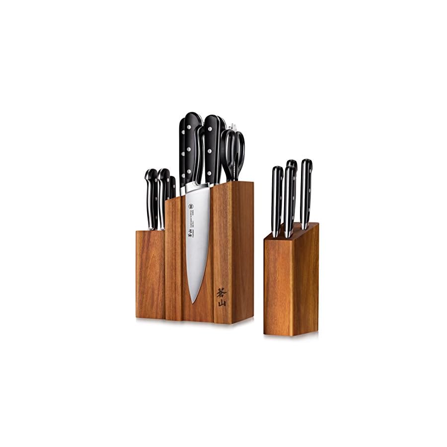 Cangshan TV2 Series 1023046 Swedish 14C28N Steel Forged 14-Piece DENALI Magnetic Knife Block Set, Acacia