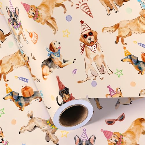 Sikiweiter Dog Birthday Wrapping Paper Roll - 17 Inches x 16.5 Feet Fun and Colorful Dog Party Print Perfect for Gifts and Celebrations (Dog Birthday)