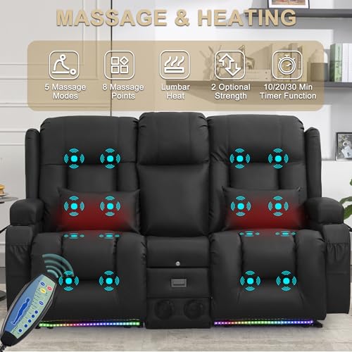 Image of URRED Power Loveseat Recliner Sofa with Massage and Heat, Wall Hugger Reclining Loveseat with Console, RV Couch Home Theater Seating with LED Lights for Living Room (Black, 67 inch - 2 Seats)