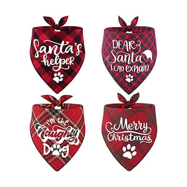 4 pack dog christmas bandanas - classic triangle merry christmas printing plaid xmas fall pet scarf bibs kerchief gifts set - pet holiday accessories decoration for small to large puppy dogs cats
