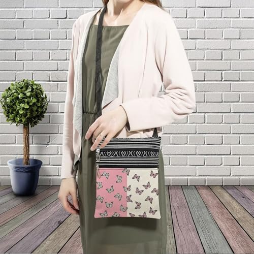 Pink Butterfly Messenger Bag Small Ethnic Pattern Printed Adjustable Strap Crossbody Zipper Bag Pink Butterfly Phone Bag Wallet Cute Shoulder Handbag for Women - 23