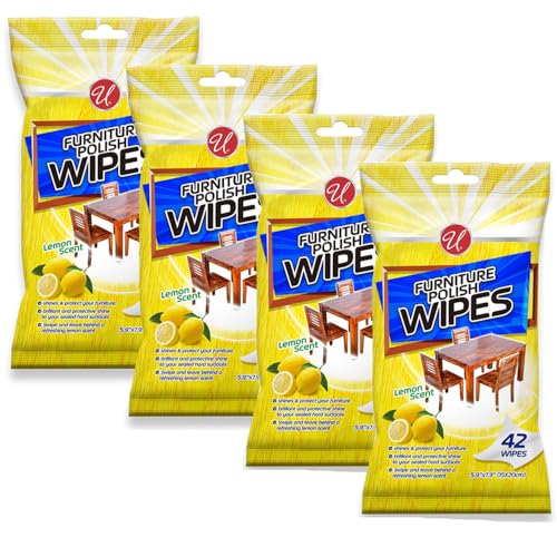 4Pk Furniture Polishing Wipes Wood Chair Table Chair Cleans Protects Lemon Scent Pleasant Lemon Scent Brilliant Shine Use on Nonporous Surface Safe Doors Furniture Cabinets Wood Kitchen Bathroom
