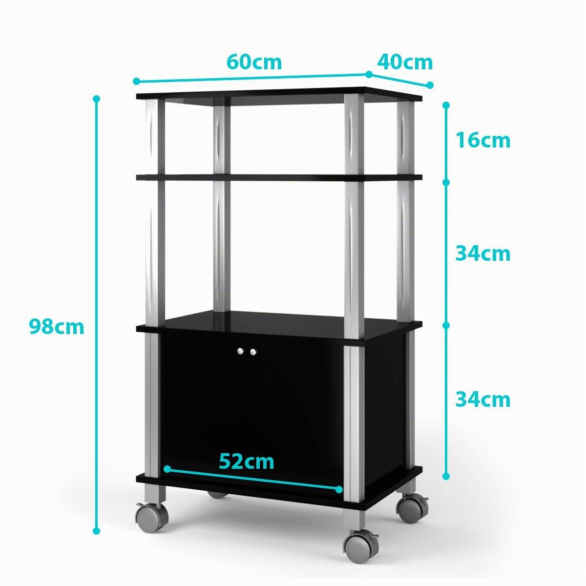 GIANTEX Carrello da Cucina per Microonde a Rotelle, 3 Ripiani Portaoggetti e Armadio con Ante, 4 Ruote di cui 2 con Freno, Dimensioni 60 x 40 x 98 cm(Nero)