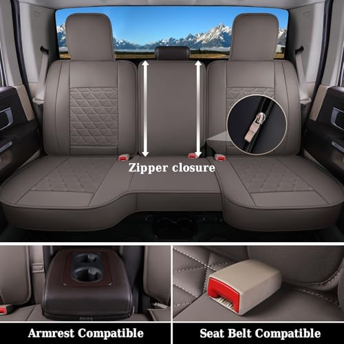 Image of Coverado Dodge Ram Seat Covers Full Set, Waterproof Ram 1500 Seat Cover Compatible with 2002-2026 Dodge RAM 1500 2500 3500 Crew Quad Cab with Curved Bench, Coffee