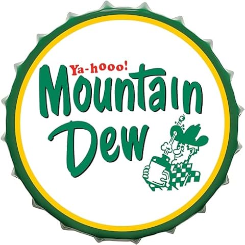 HotcoS Mountain Dow Decorative Bottle Caps Metal Tin Signs Cafe Beer Bar Decoration Plat Wall Art Plaque Vintage Home Decor 13.8x13.8 Inch Cover