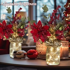 Tqsmsp 2pcs christmas mason jar wall decor handmade rustic wall sconces with remote control timer led fairy lights and red berry flowers hanging mason jar for xmas rustic home decor red  urban country home decor