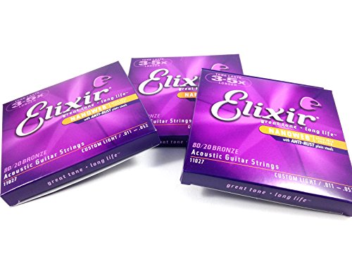 Elixir Nanoweb Custom Light Lot de 3 cordes pour guitare Bronze 80/20 - Les Beatles, Paul McCartney, John Lennon, RIngo Starr, George Harrison Elixir Nanoweb Custom Light Lot de 3 cordes pour guitare Bronze 80/20