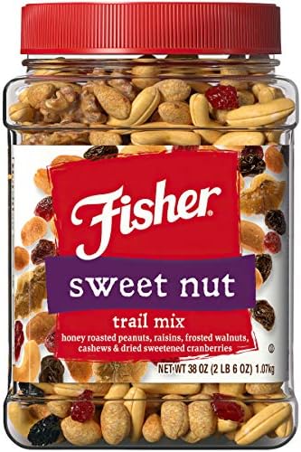 Fisher Snack Sweet Nut Trail Mix, 38 Ounces, Honey Roasted Peanuts, Raisins, Frosted Walnuts, Cashews, Dried Sweetened Cranberries