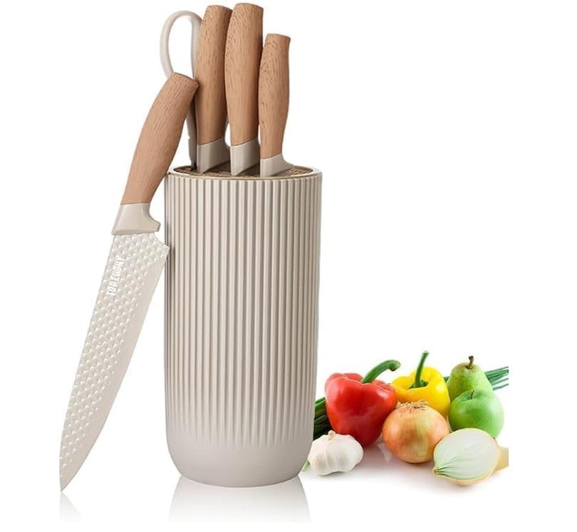 Generic LAZURLINE Kitchen Knife Set, 6-Piece Khaki Sharp Knife Set for Kitchen, Non-Stick, Non-Slip Stainless Steel Chef Knife Set with Universal Knife Block, Ideal for Home or Restaurant Use