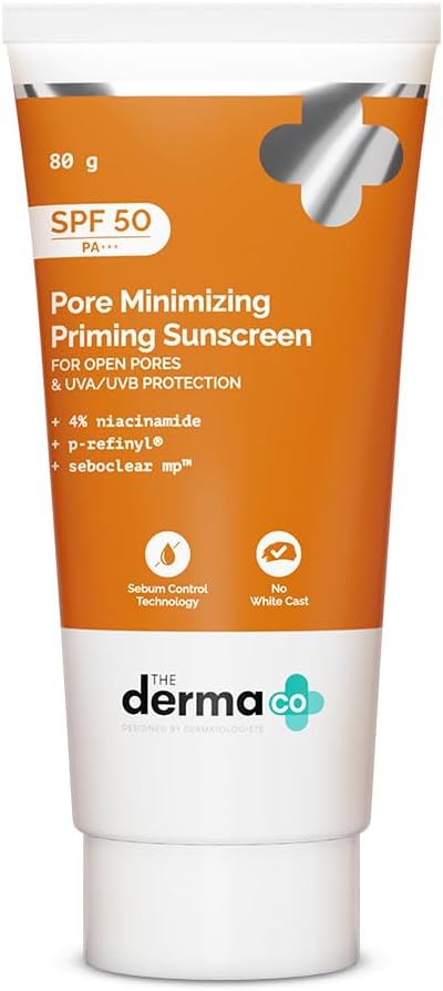 The Derma Co Pore Minimizing SPF 50 Sunscreen with PA+++ | 2-in-1 Primer with SPF | Reduces Pore Size & Excess Oil | Matte Finish with No Whitecast | 2.82 Oz/80 g