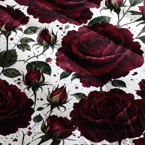 Image of AILONEN Wine Floral Full Duvet Set 3 Piece, 1 Comforter + 2 Pillowcases, Large Rose Heads Dark Green Foliage Crisp White Background for Elegant Guest Room