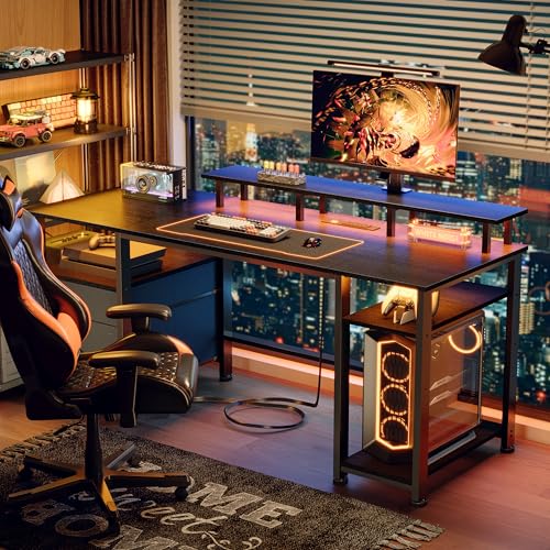 Image of Furologee 61 inch Gaming Desk with Power Outlets & LED Lights, Reversible Computer Desk with File Cabinet & Monitor Stand for Home Office, Large Work Table with Storage Shelves & Drawer, Black