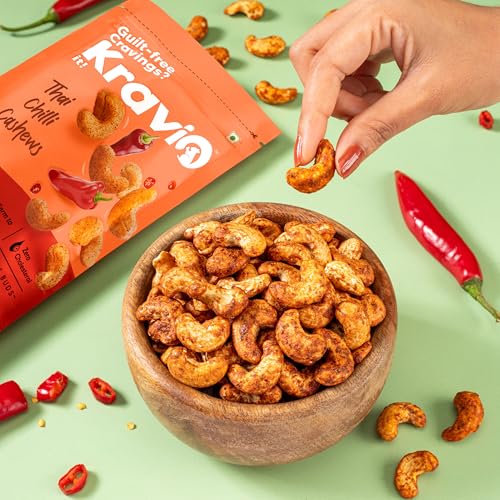 Image of Kravio Premium Thai Chilli Roasted Cashew Nuts 200g | Zero Cholesterol Natural Jumbo Size Whole Kaju Nuts & Dry Fruits | Rich in Protein, Roasted Crunchy Delicious Healthy Snacks