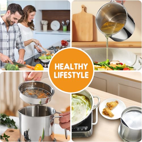 Image of Chihee Oil Strainer Pot Grease Can 2 L Stainless Steel Oil Storage Can Container with Fine Mesh Strainer Dust-proof lid Non-slip Plate Suitable for Storing Frying Oil and Cooking Grease | Easy to Clean Large Spout Bacon Grease Saver Cooking Oil Keeper Stoarge Can with Dust-proof Lid Non-slip Tray Kitchen Frying