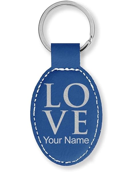 LaserGram Oval Keychain, LOVE, Personalized Engraving Included (Dark Blue)